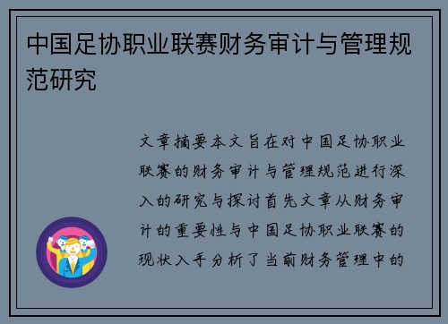中国足协职业联赛财务审计与管理规范研究 中国足协职业联赛财务审计与管理规范研究